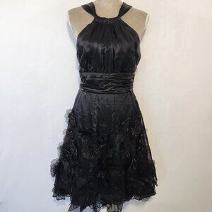 Karen Millen Size 6 Black Silk Ruffle Applique Tie Halter Cocktail Party Dress